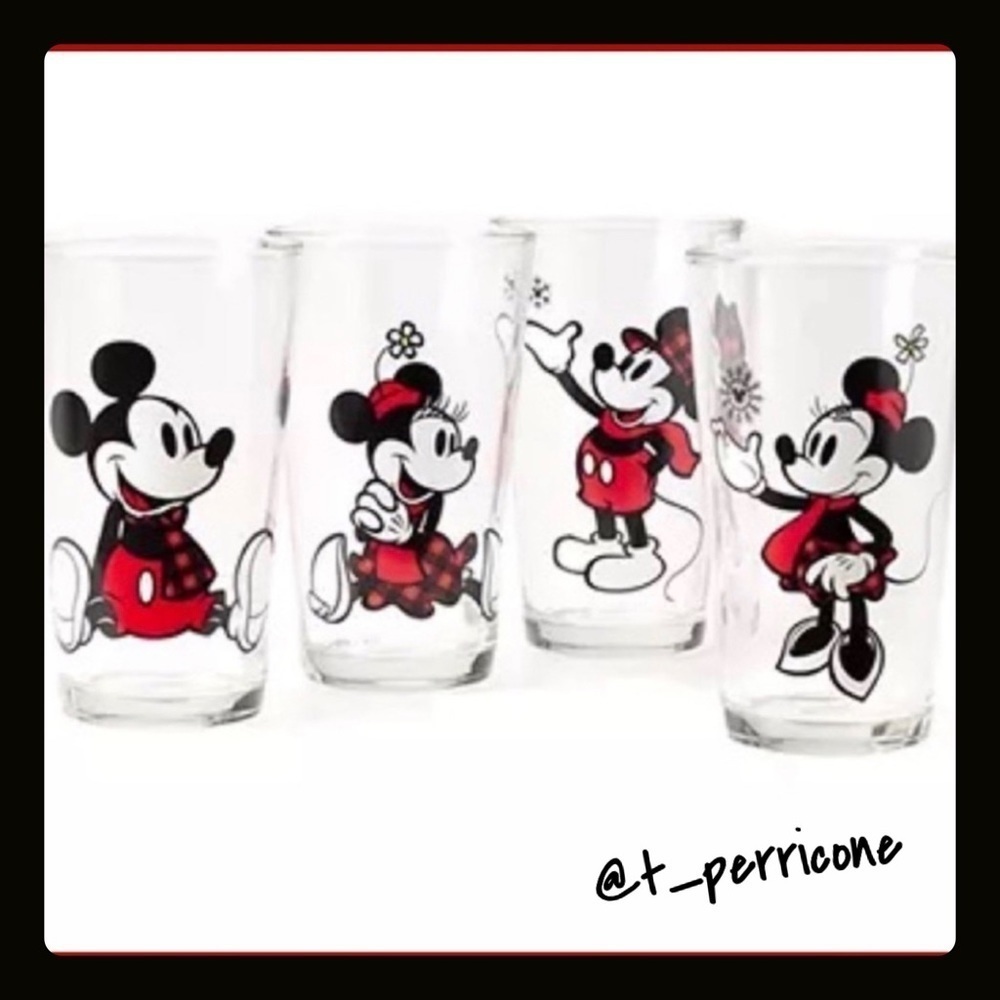 New Holiday Farmhouse Red & Black Mickey & Minnie Plaid 16-Oz. Glasses, Set of 4